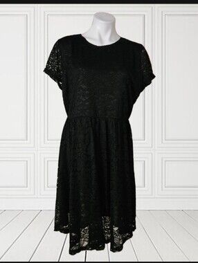 ACEVOG Black Lace Short Sleeve Skater Dress XXL